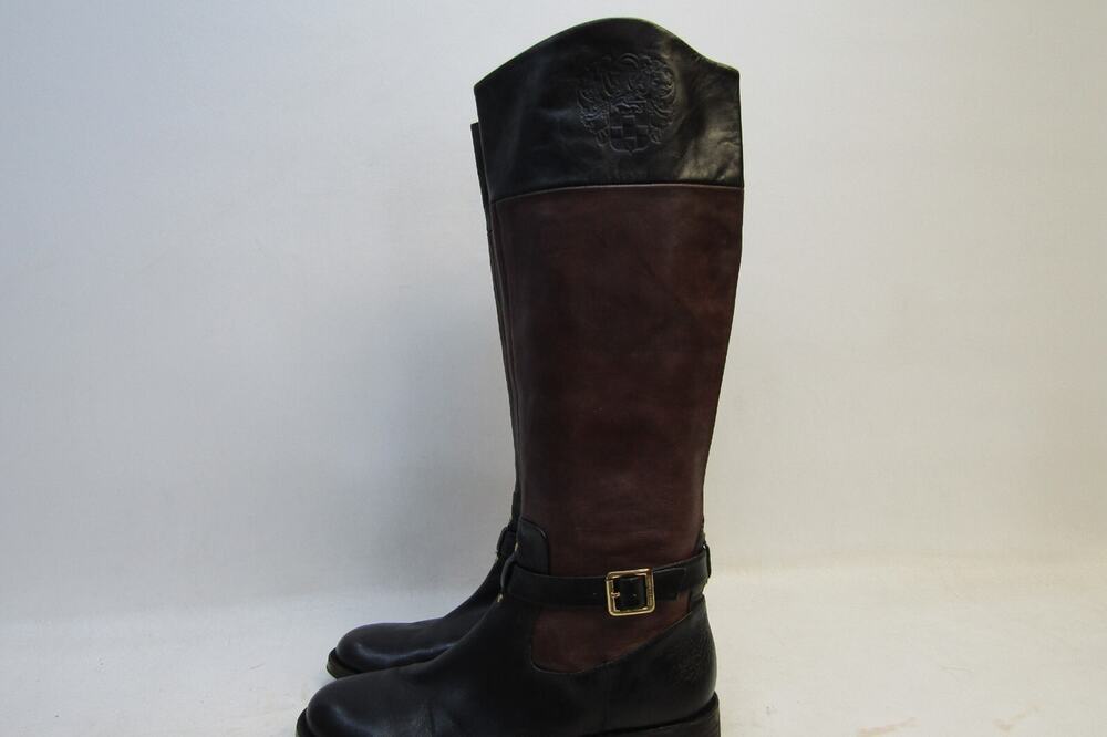 VINCE CAMUTO Womens Size 8.5 B Black Brown Leather Zip Buckle 16" Shaft Boots